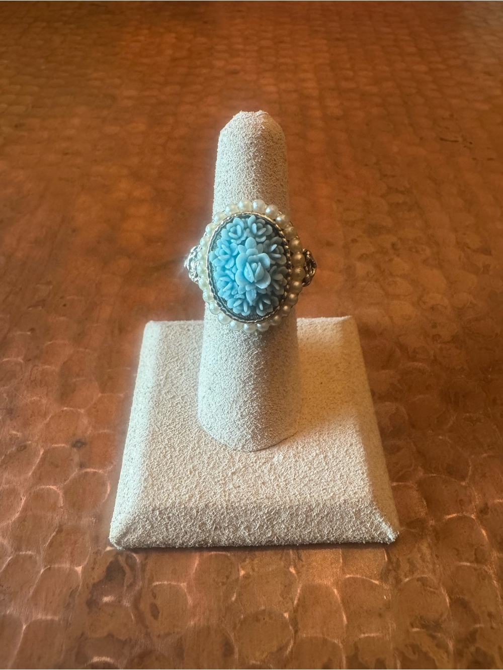 Vintage Baby Blue Floral Ring with Pearl Halo